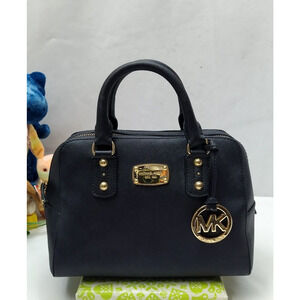 Michael Kors Black Leather Domed Double Handles Zipper Satchel Bag